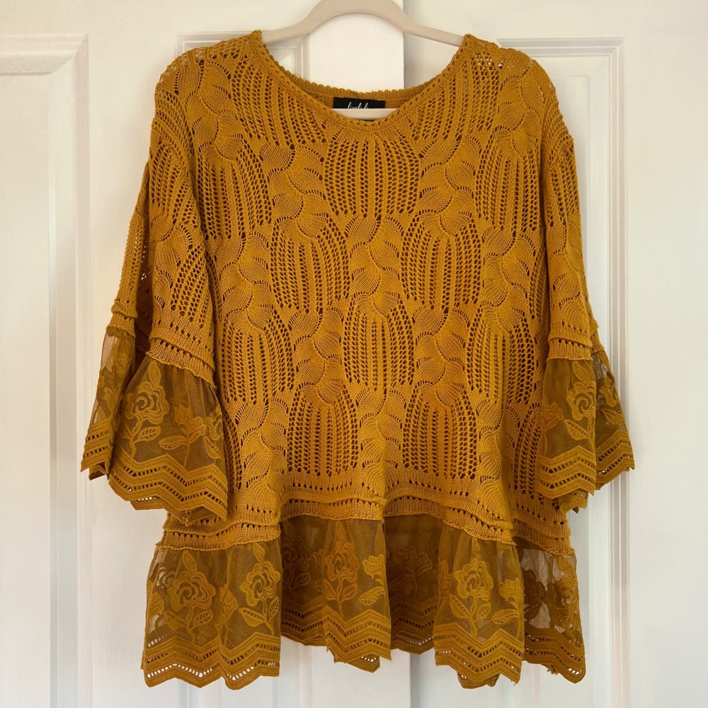 Lipslide Bohemian Crochet Knit Mustard Lace Trim Bell‎ Sleeve Sweater Size L